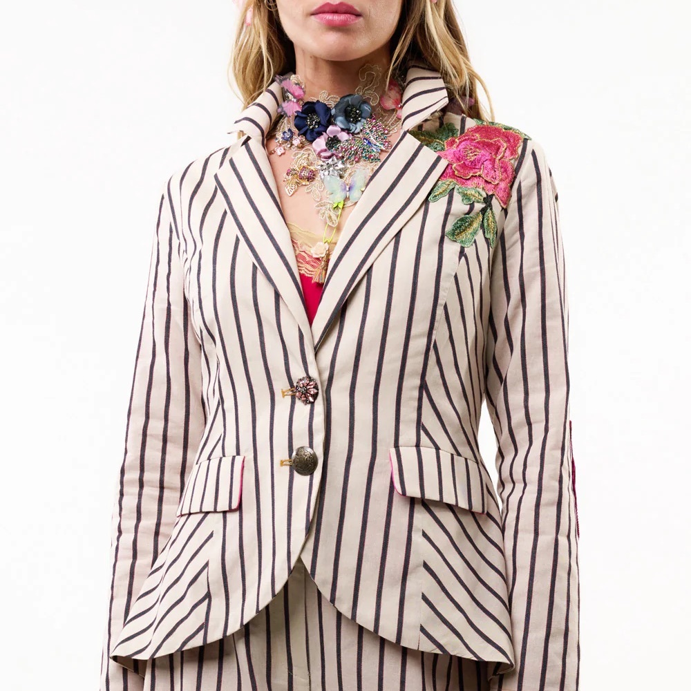 Striped Pink Embroidered Notch-Lapel Blazer